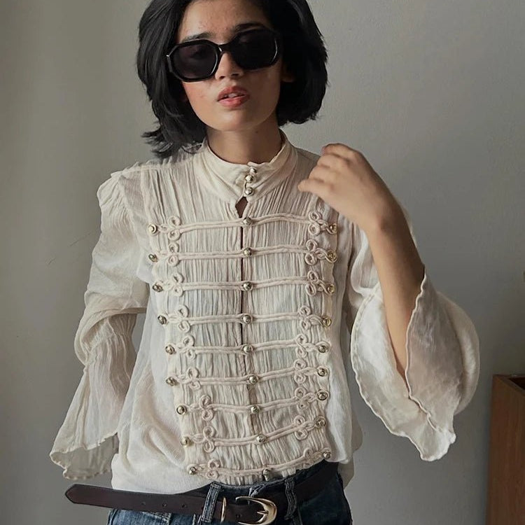 Miranda Vintage Stand Collar Frog Button Blouse