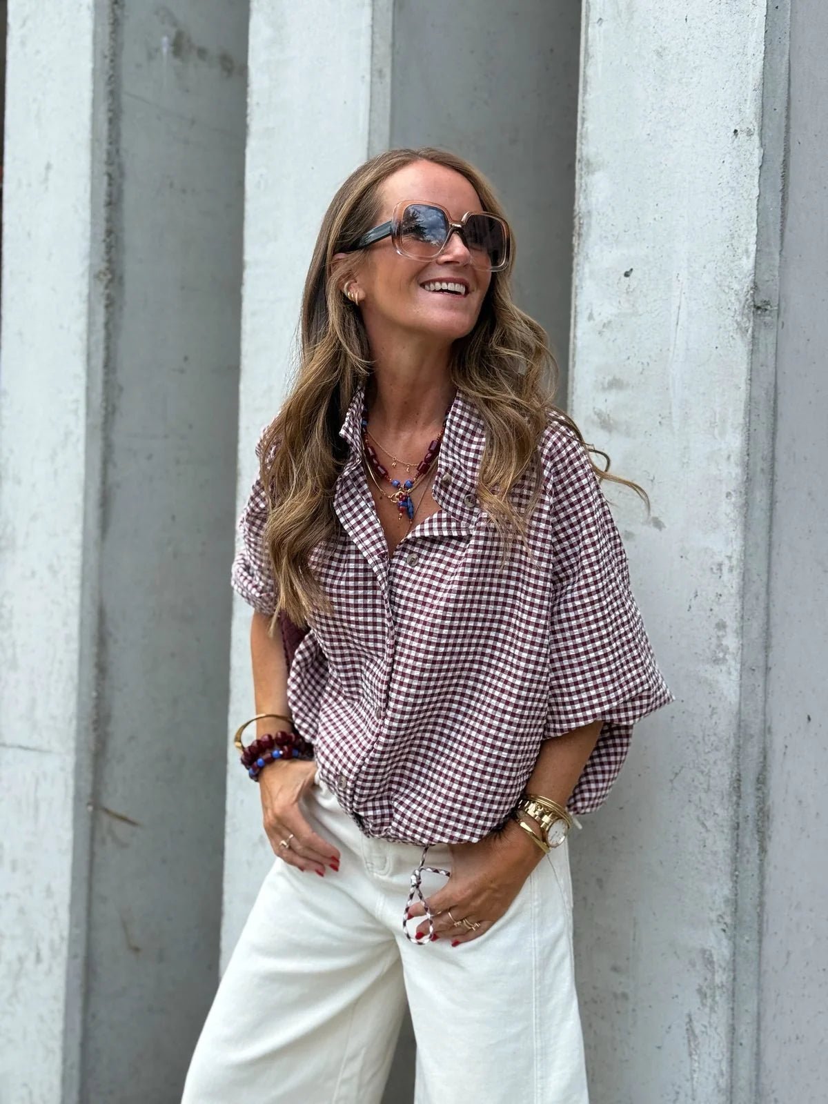 Giacca Mila a quadri con collo alto e coulisse