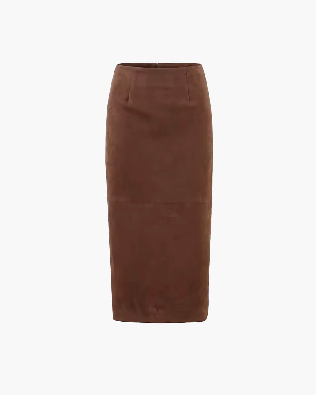 ZEYA Mina High-Waist Faux Suede Midi Skirt in Brown