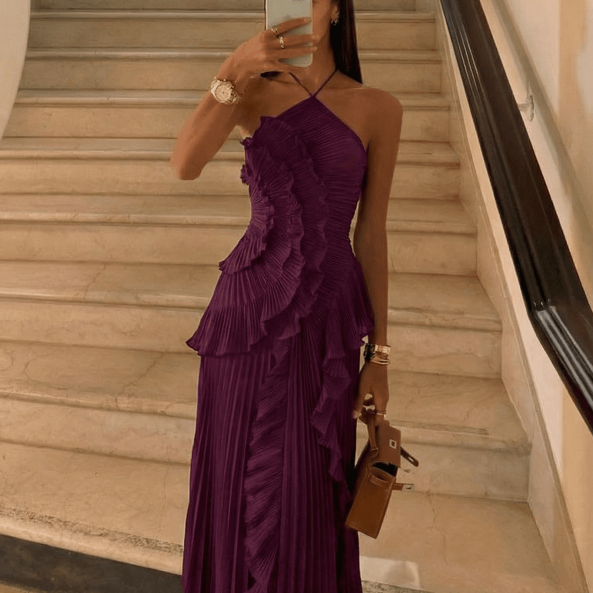 ZEYA - Bayley Halter Pleated Ruffle Maxi Dress