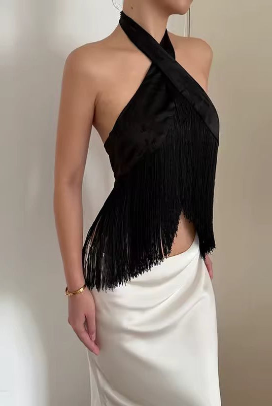 ZEYA - Gina Satin Fringed Halter Top