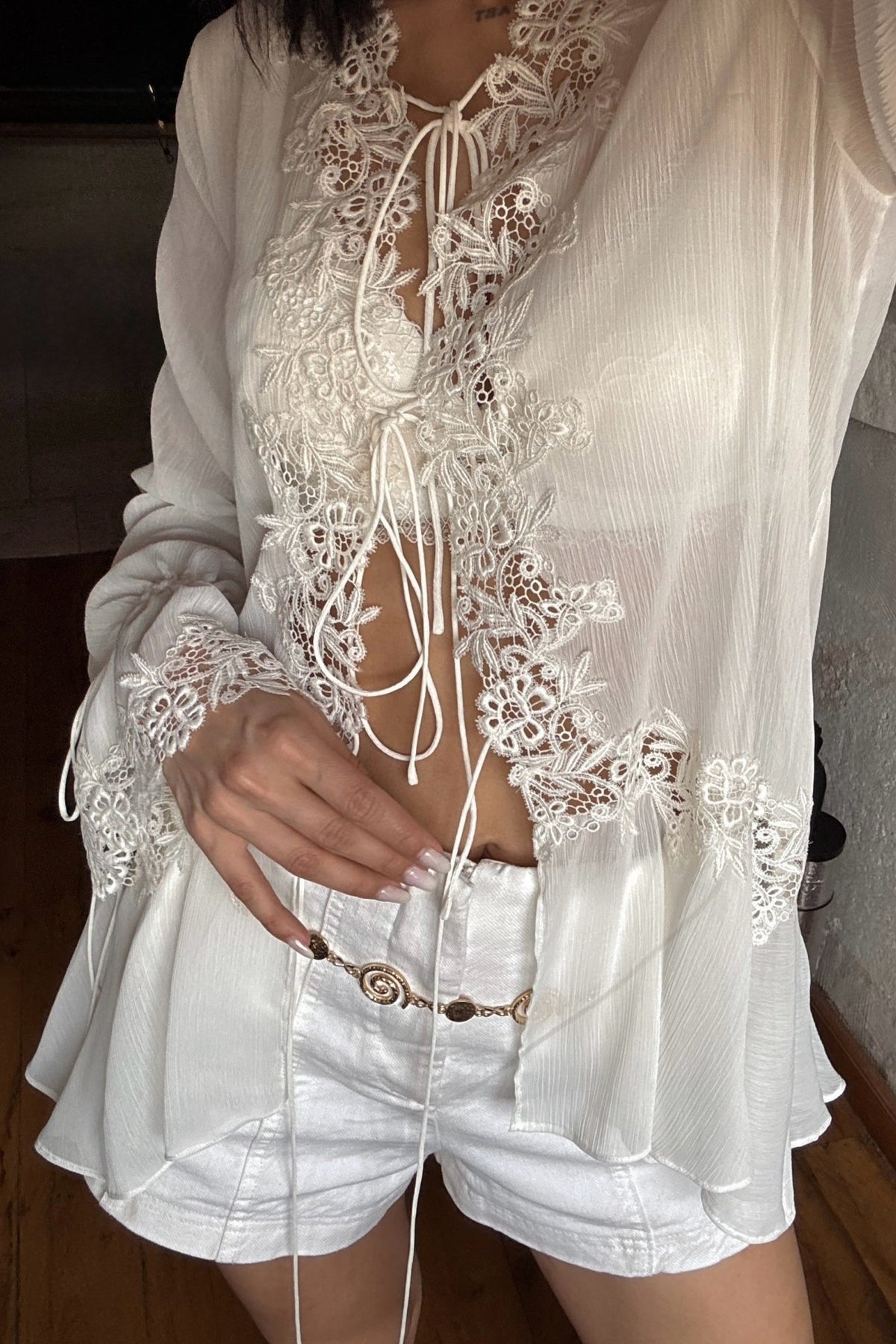 ZEYA - Halle Front-Tie Lace Appliqué Top
