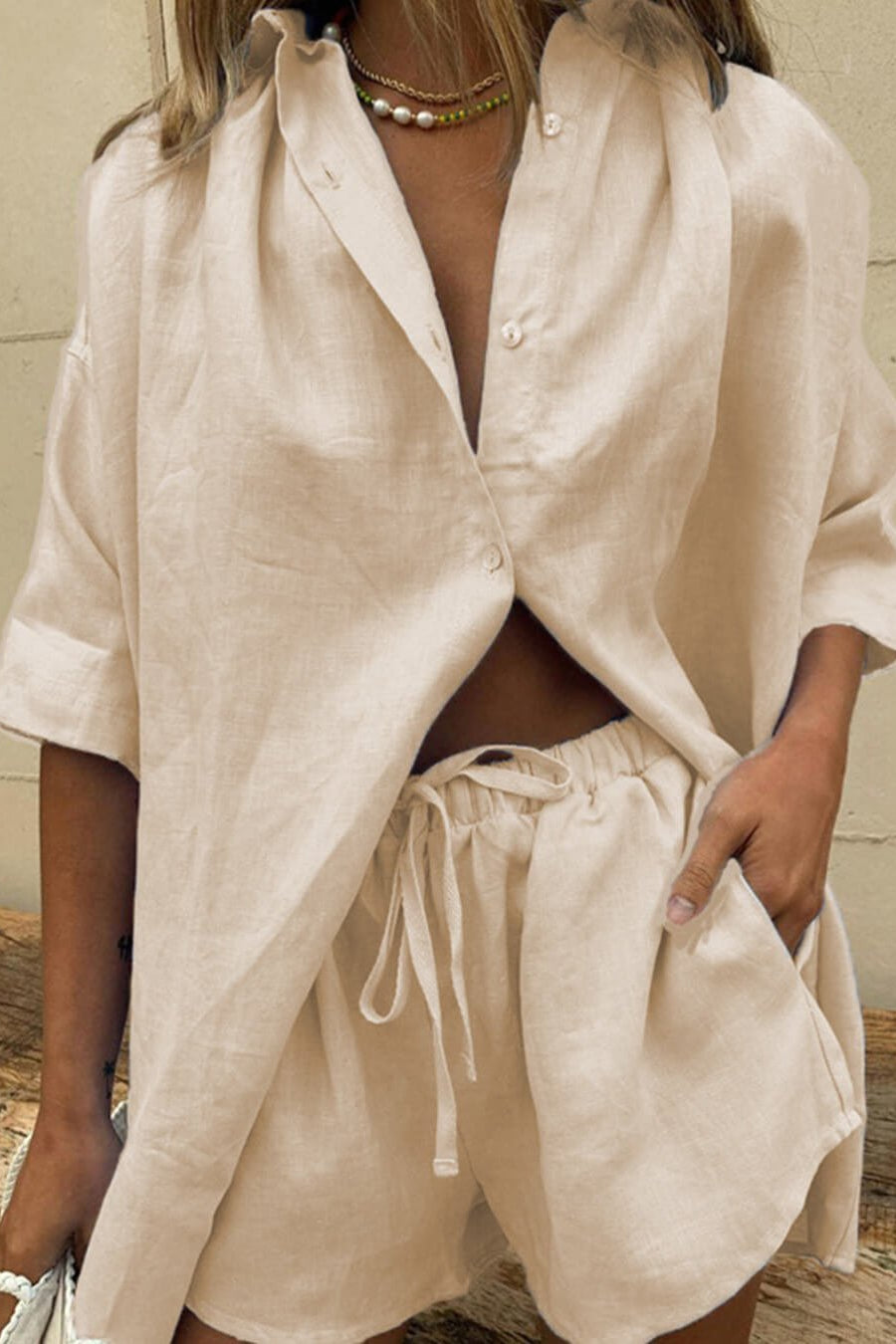 ZEYA - Katie Button-Down Drawstring Shorts Set