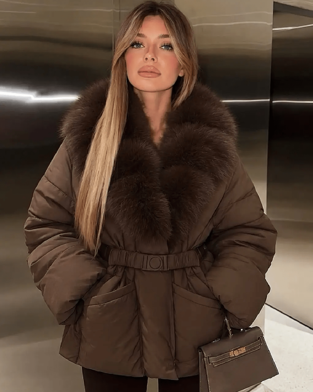 ZEYA - Katniss Belted Faux Fur Collar Quilted Parka