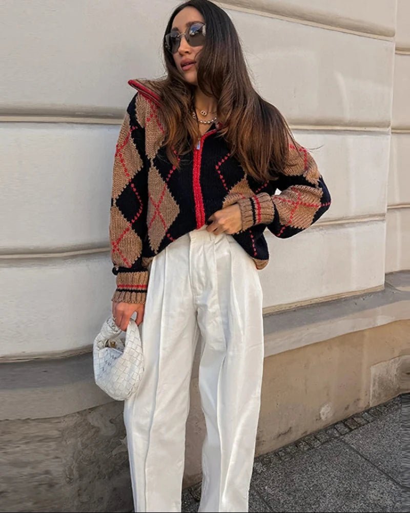 ZEYA - Lara Argyle Ribbed Knit Zip-Up Cardigan
