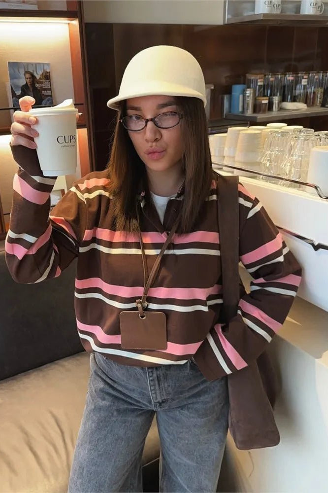 ZEYA - Laura Striped Polo Long Sleeve Top