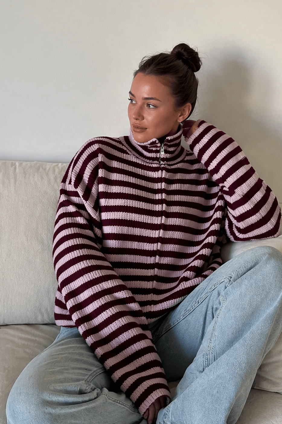 ZEYA - Leah Striped Knit High-Neck Sweater