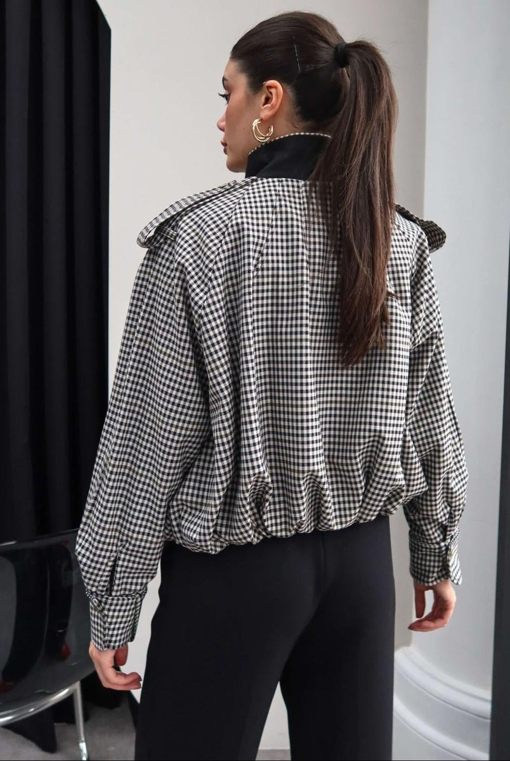 ZEYA - Lisa High Neck Checked Bomber Jacket