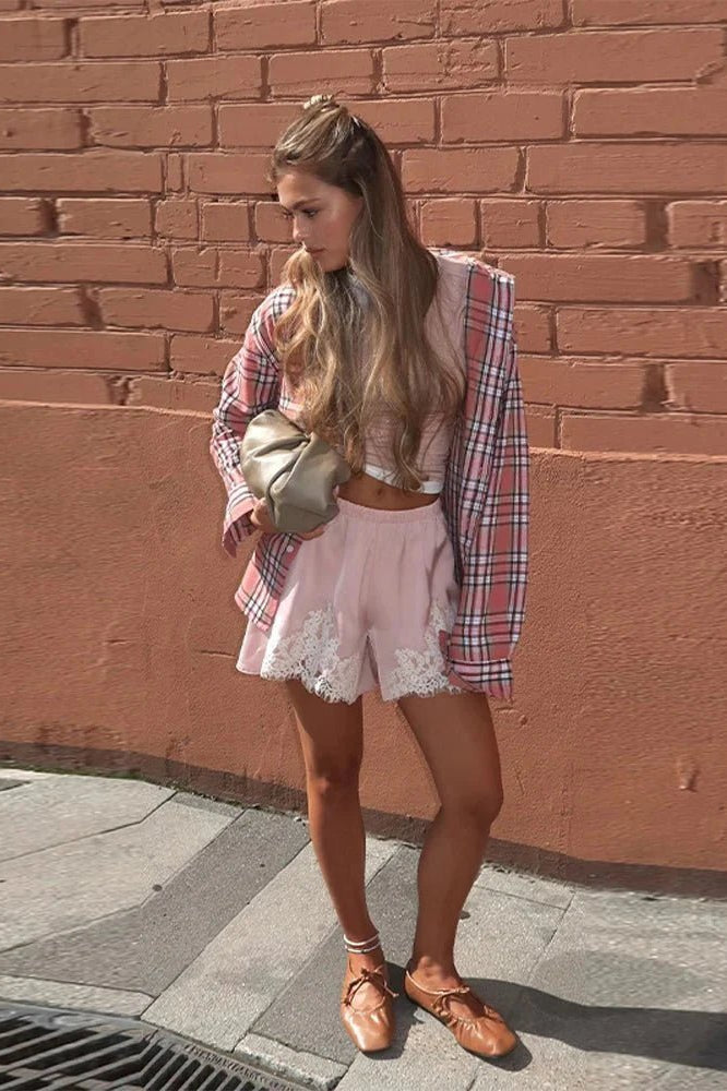 ZEYA - Maridot Lace Patchwork Satin Shorts