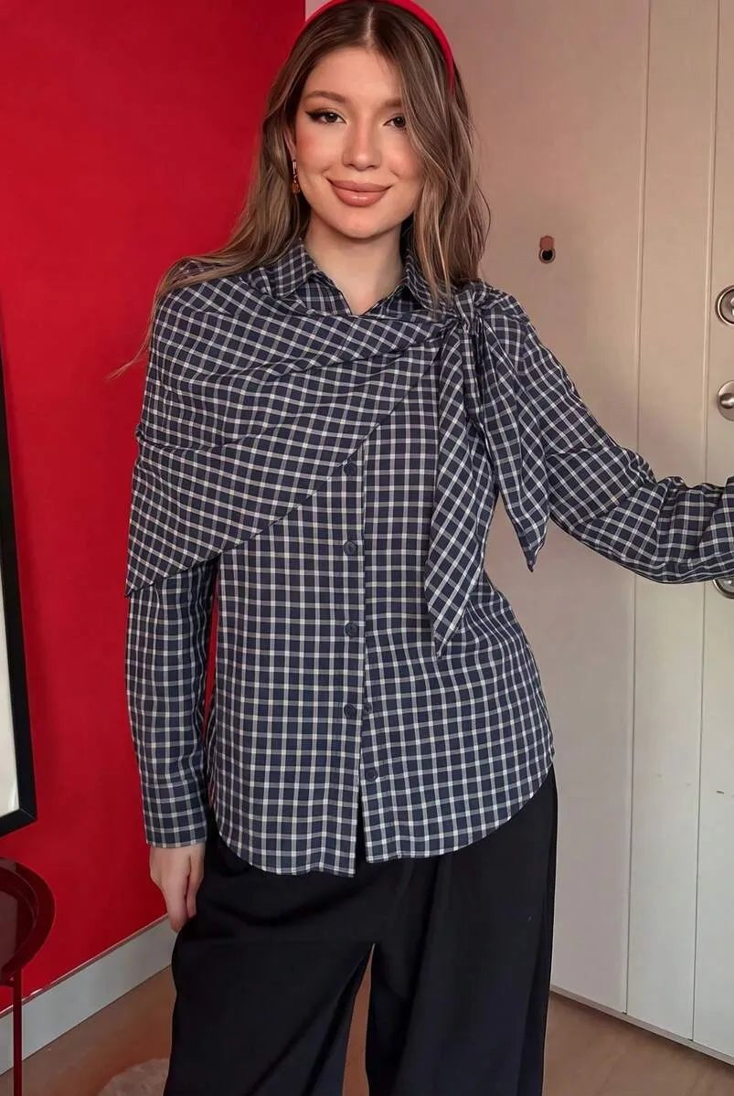 ZEYA - Nicole Plaid Scarf-Tie Shirt