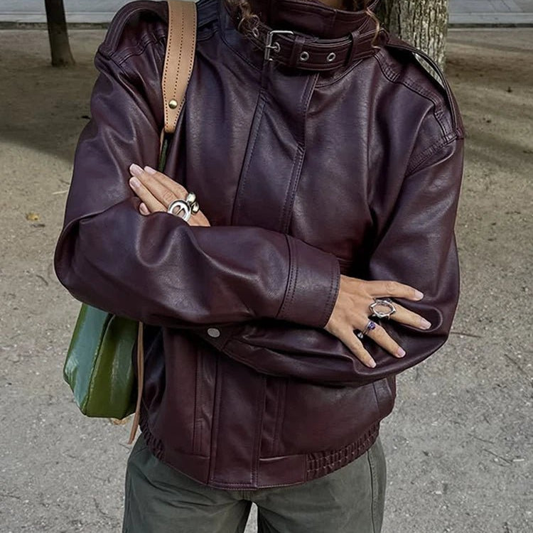 ZEYA - Ophelia Stand Collar Leather Jacket