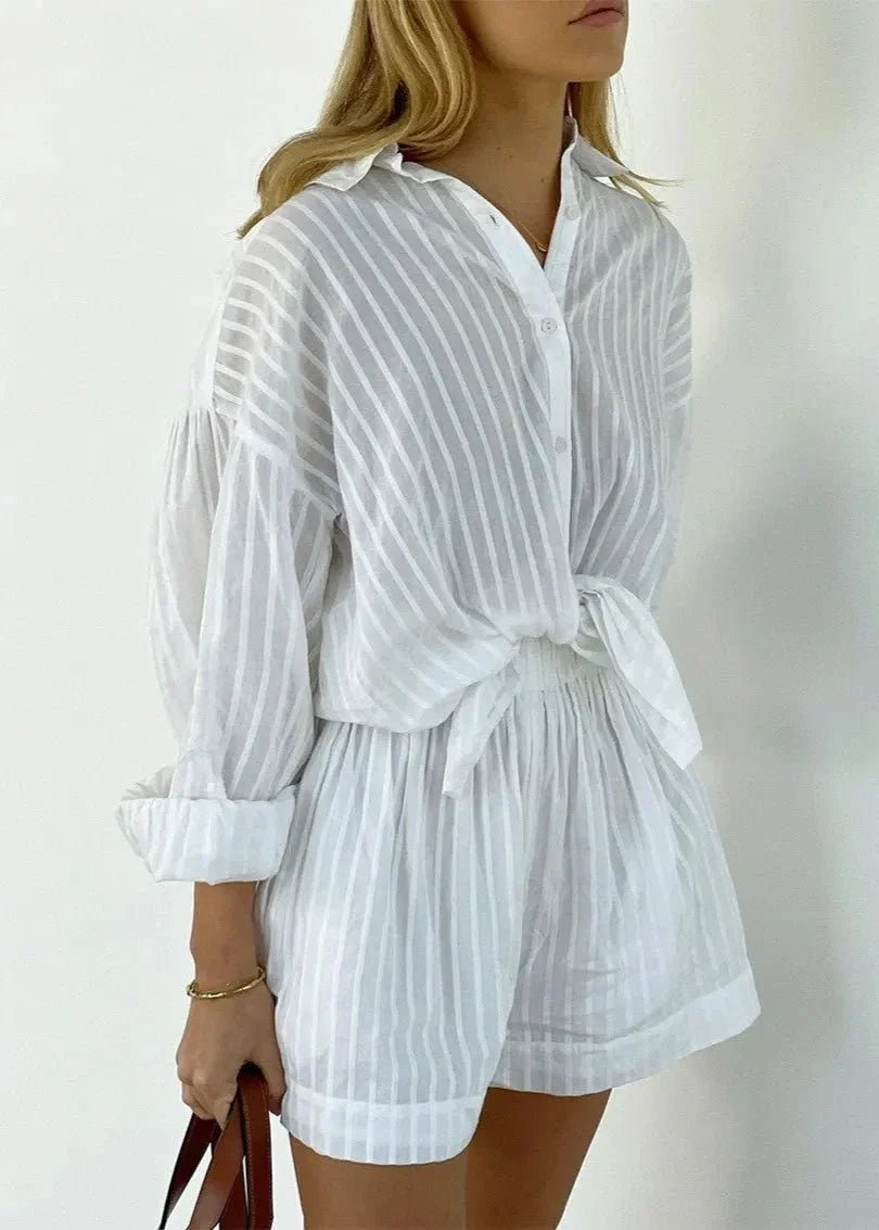 ZEYA - Rinaya Striped Cotton Shirt and Shorts Set