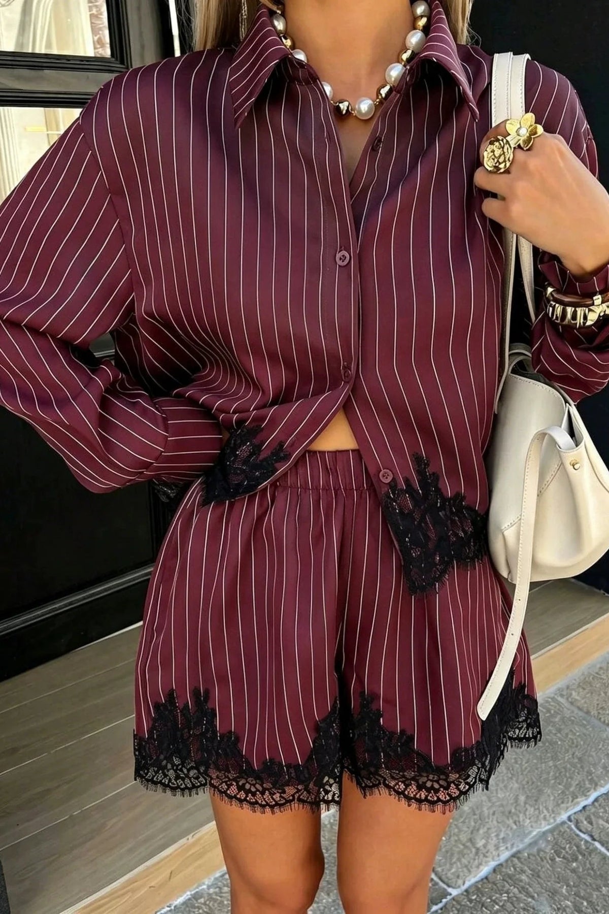 ZEYA - Sabrina Pinstripe Lace Trim Shorts Set