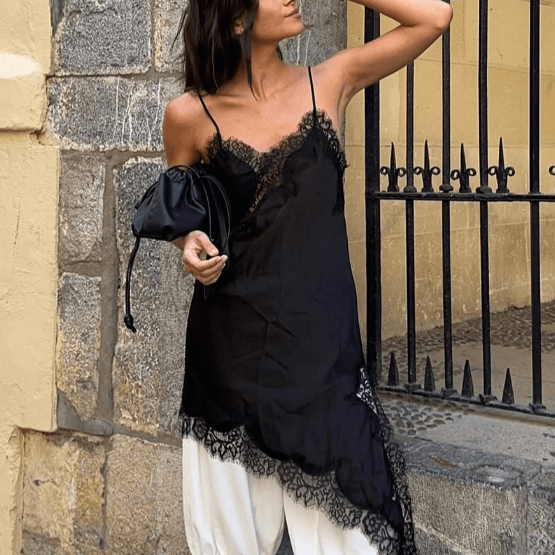 ZEYA - Sophia Asymmetric Satin Lace Midi Dress