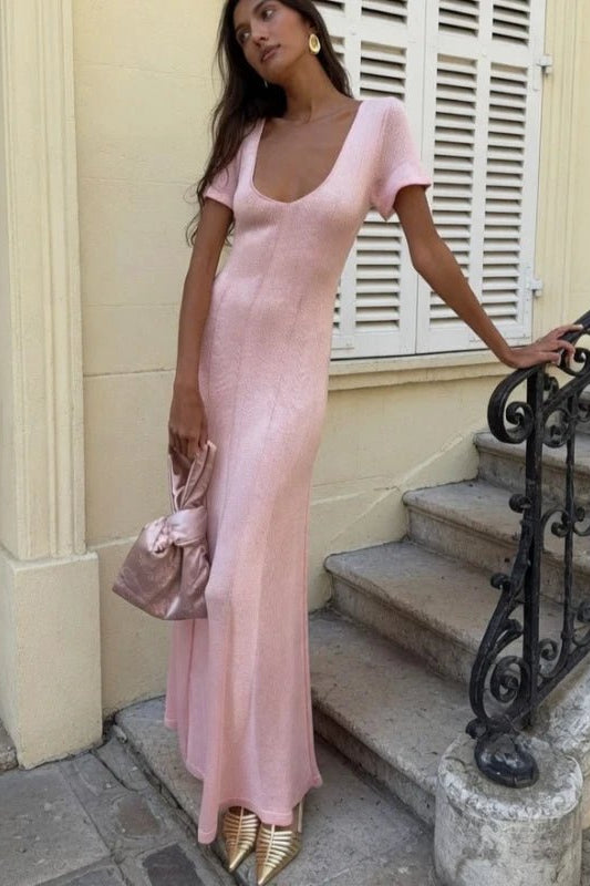 ZEYA - Suri Ribbed Knit Maxi Dress Deep V-Neck High Slit