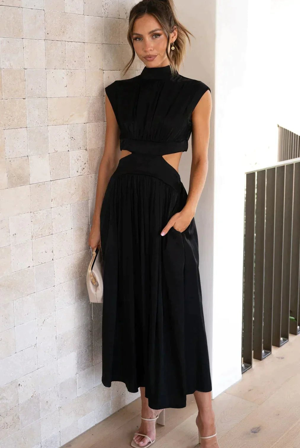 ZEYA - Syra High - Neck Midi Dress with Waist Cutouts