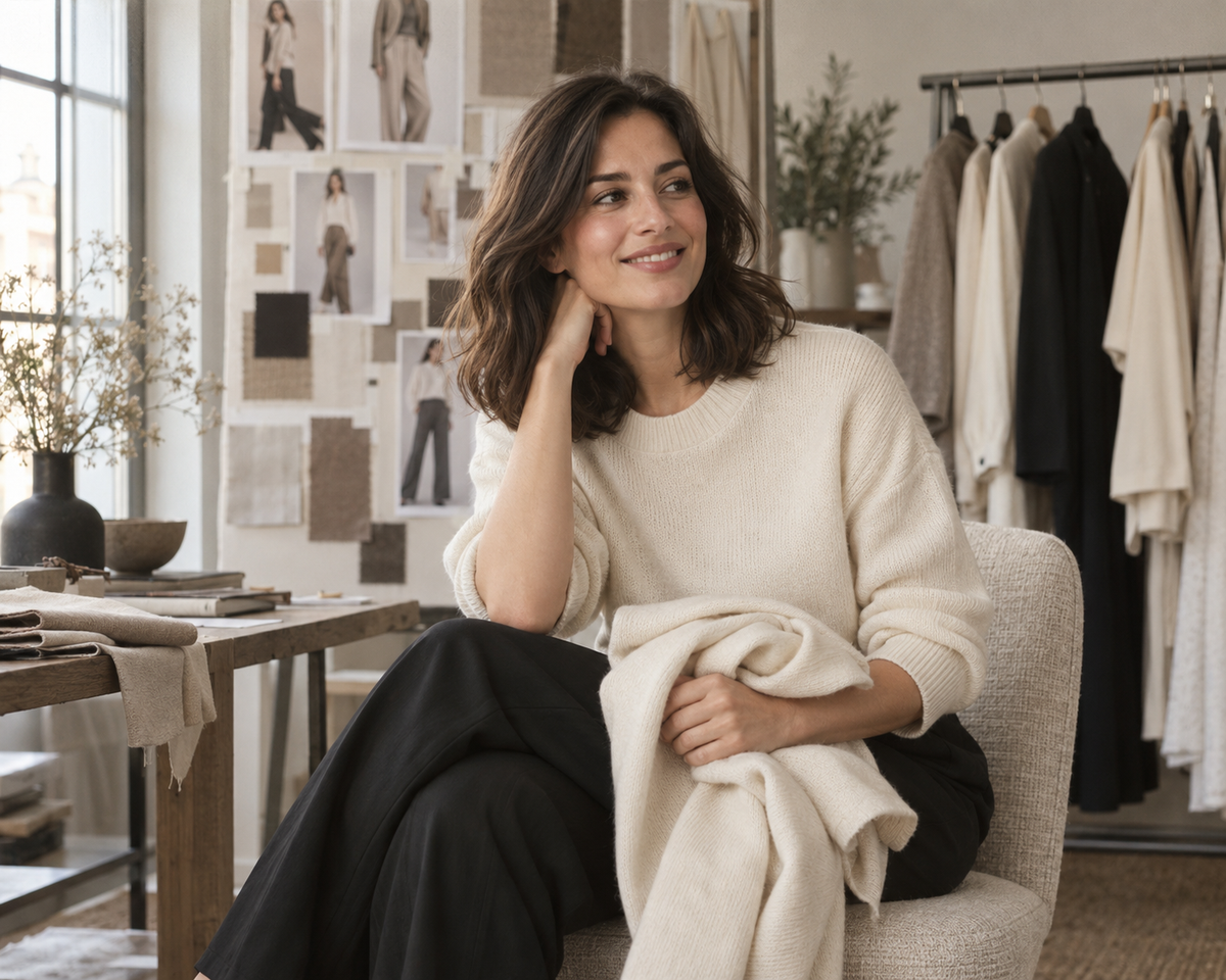 Concept di ritratto generato dall'IA di una donna in maglia avorio, seduta in uno studio di moda.