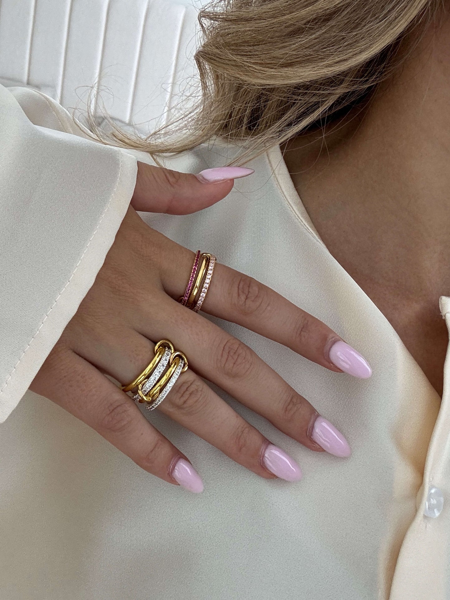 Rosy Pink Rhinestone Stacked Ring