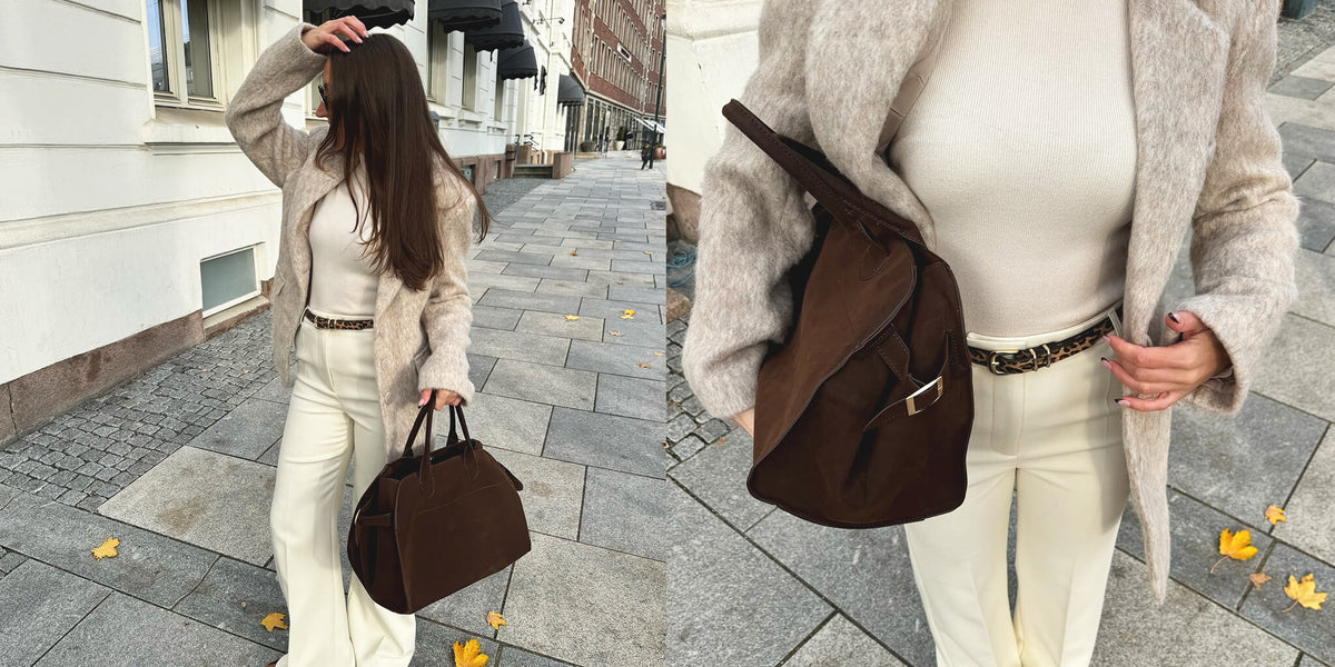 Stile street in strati color crema con una borsa marrone, mostrato come outfit completo e in un dettaglio ravvicinato.