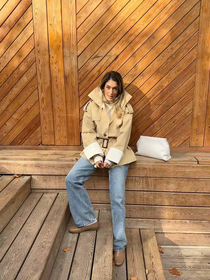 Evelyn Contrast Cuffs Belted Trench Coat