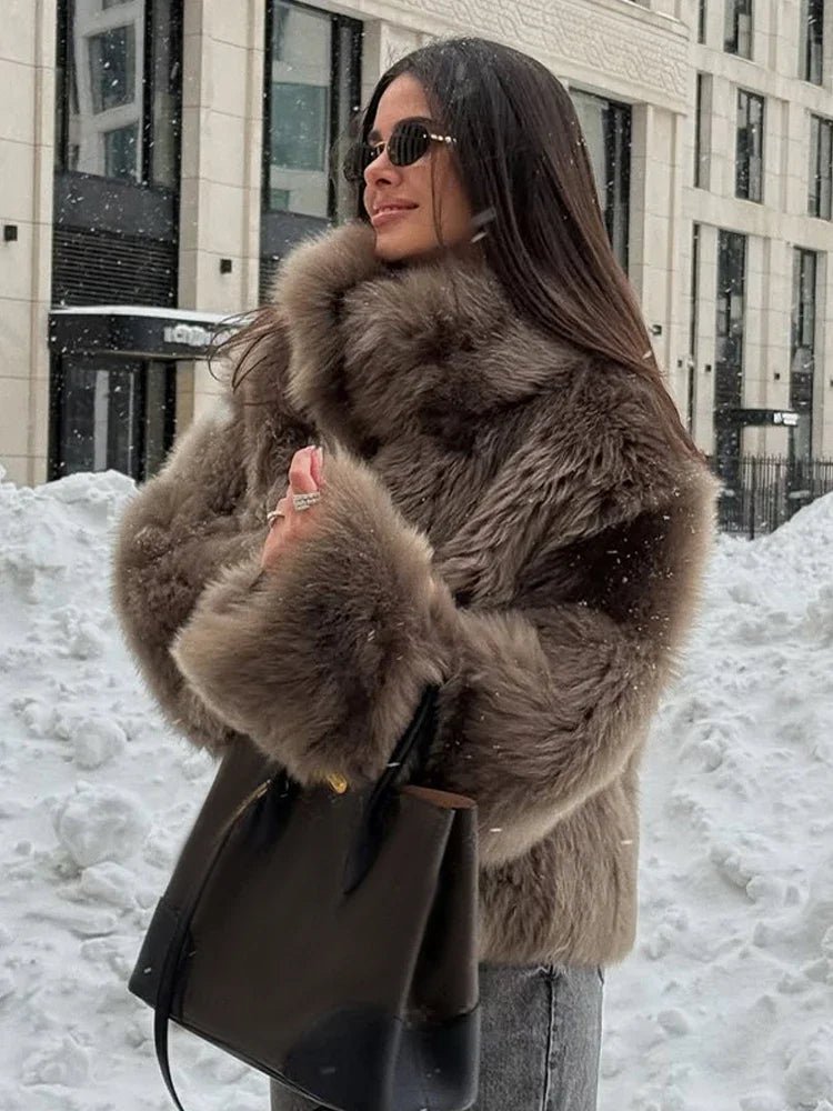 Thalia Brown Faux Fur Coat Women - Stylish Winter Snap Button Jacket with Chic Lapel and Long Sleeves 4