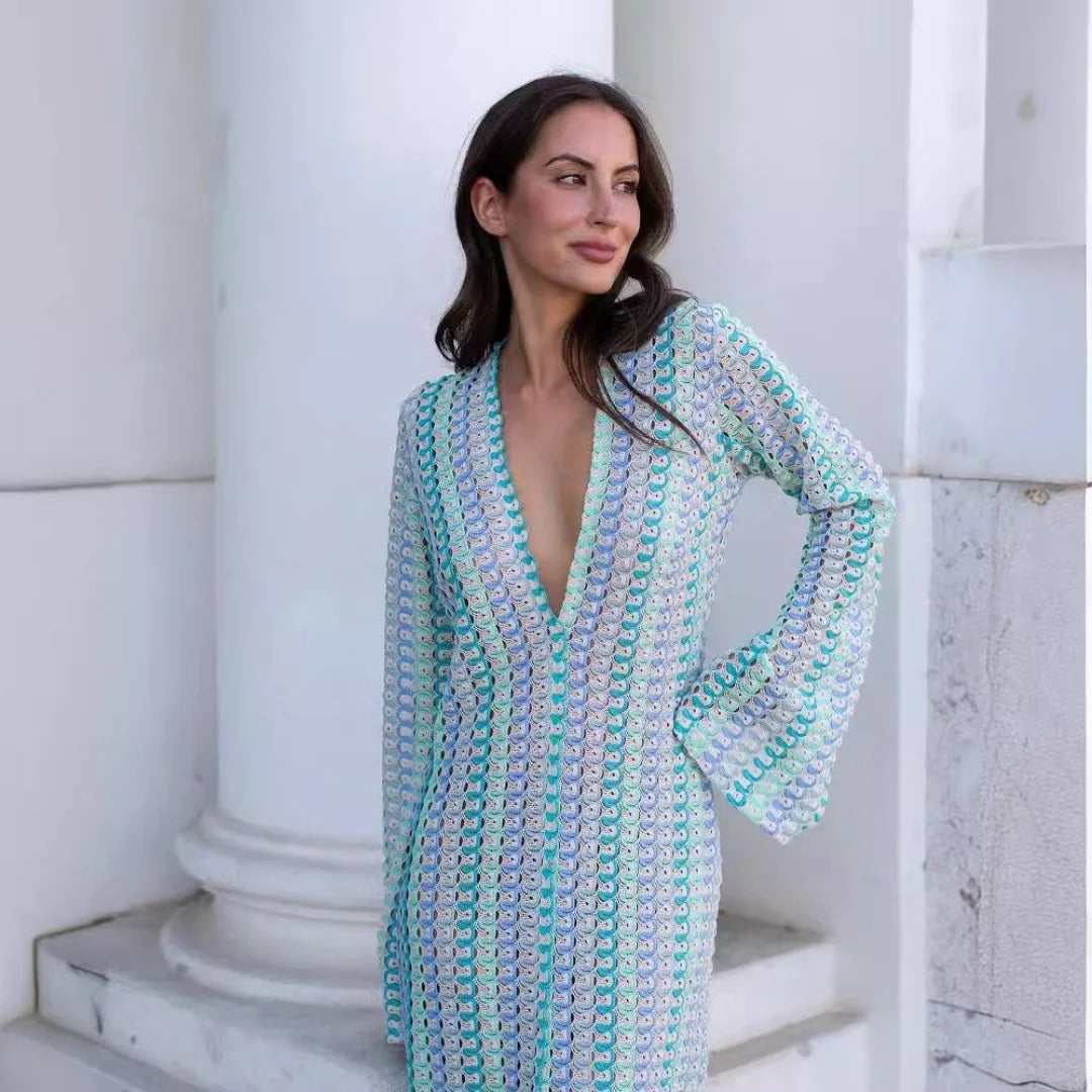Sophia gehäkeltes gestreiftes Maxikleid mit ausgestellten Ärmeln