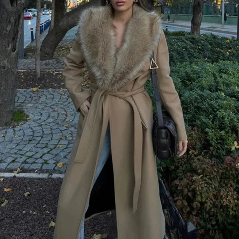 HUISONG Faux Fur Patchwork Lace Up Midi Coat for Women - Stylish Long Sleeve Winter Jacket 0