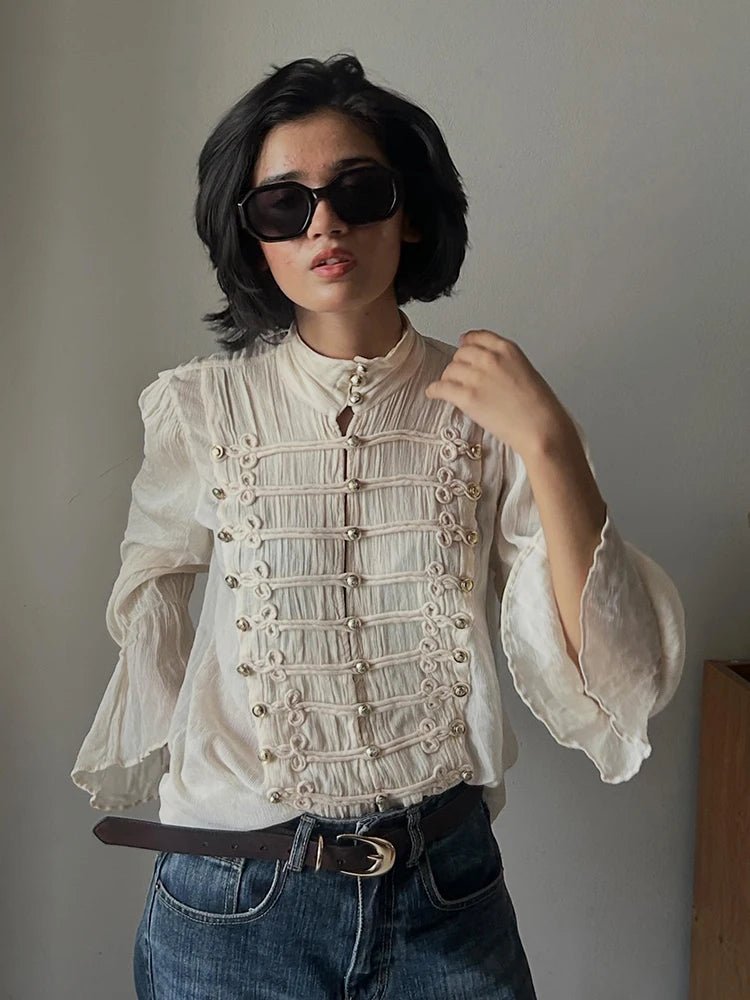 Blusa Miranda Vintage con Colletto Alla Coreana e Bottoni a Frog