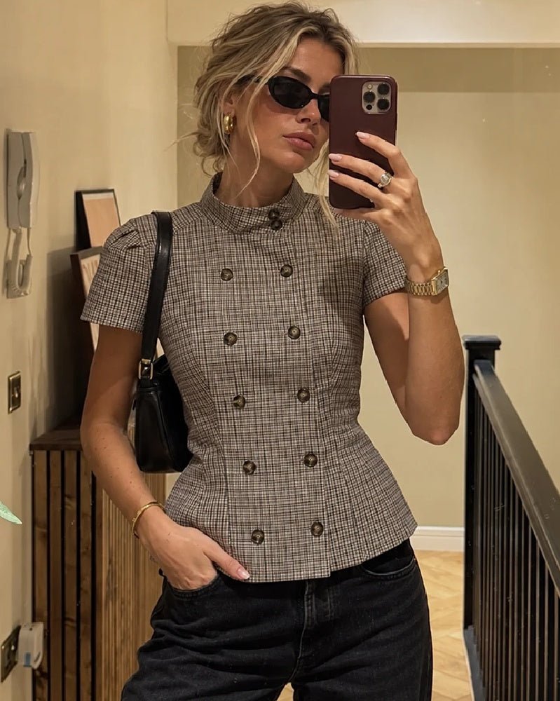 Lola Plaid High Neck Fitted Blouse