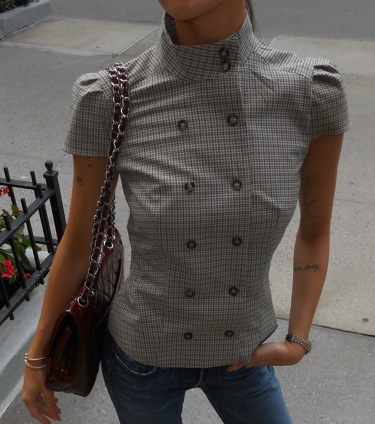 Lola Plaid High Neck Fitted Blouse