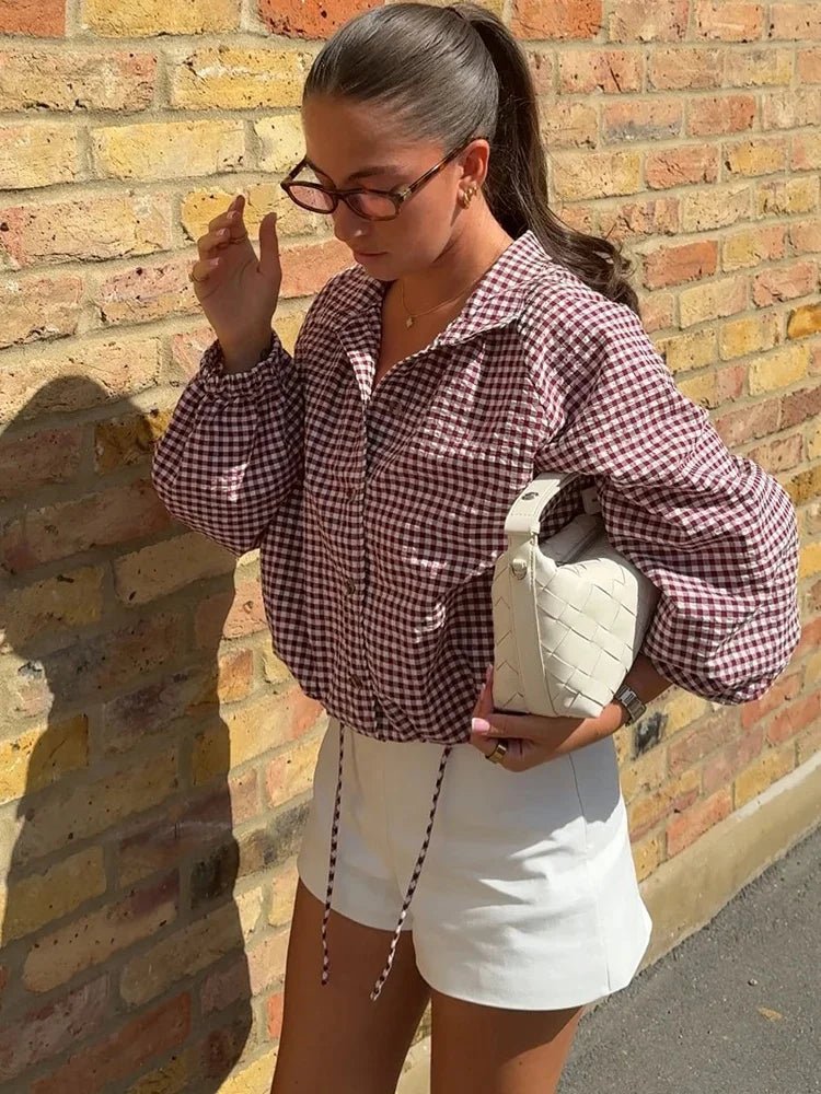 Mila Karierte Jacke mit Kordelzug und hohem Kragen