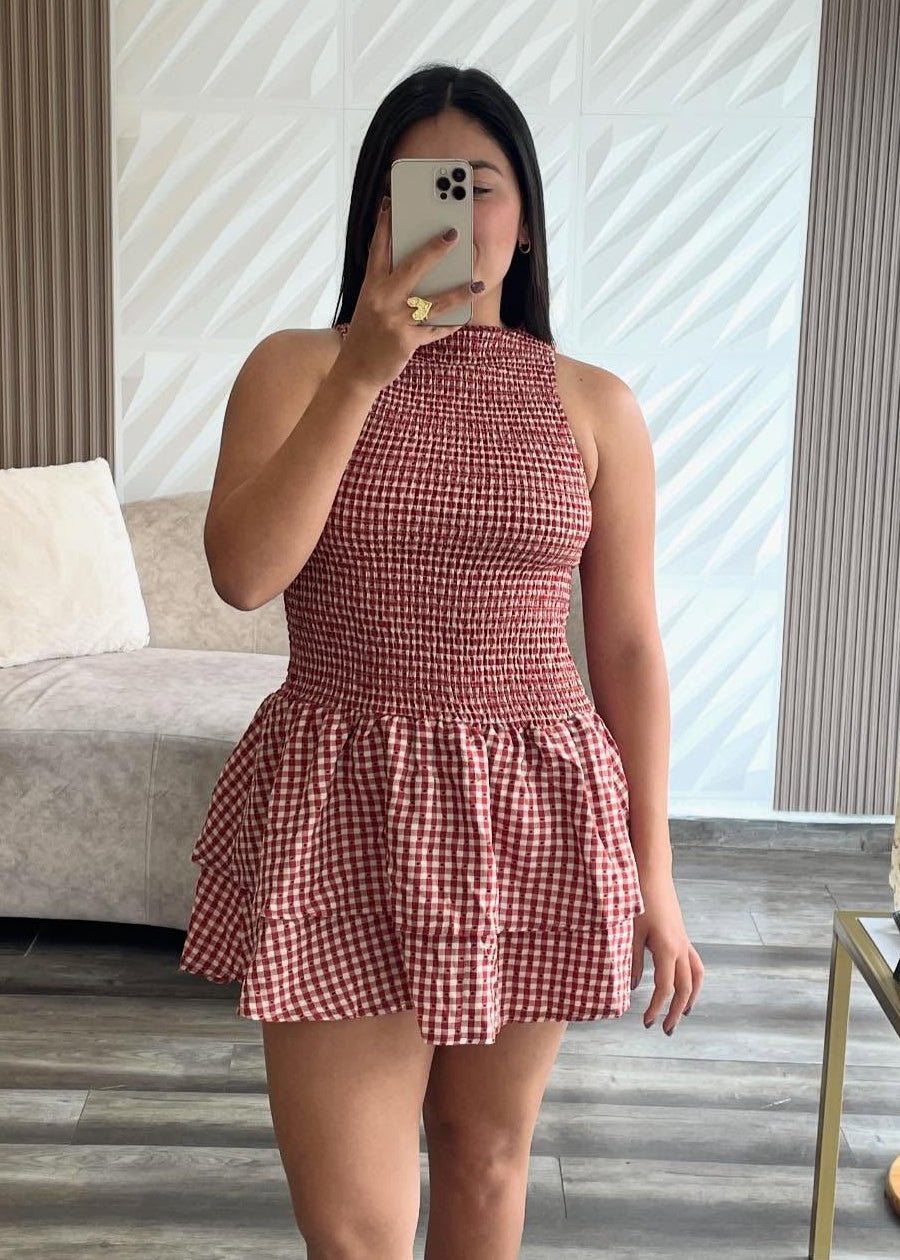 Robe courte à carreaux Linda avec smocks