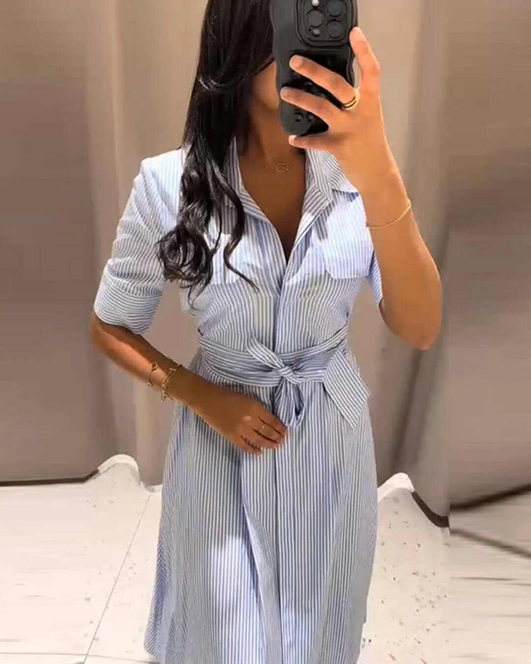 Winona Gestreiftes Maxi-Kleid mit Schnürkragen