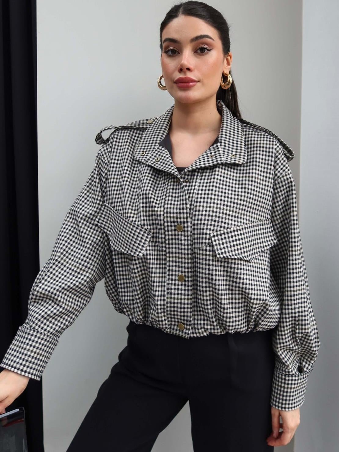 Giacca bomber a quadri Lisa con collo alto