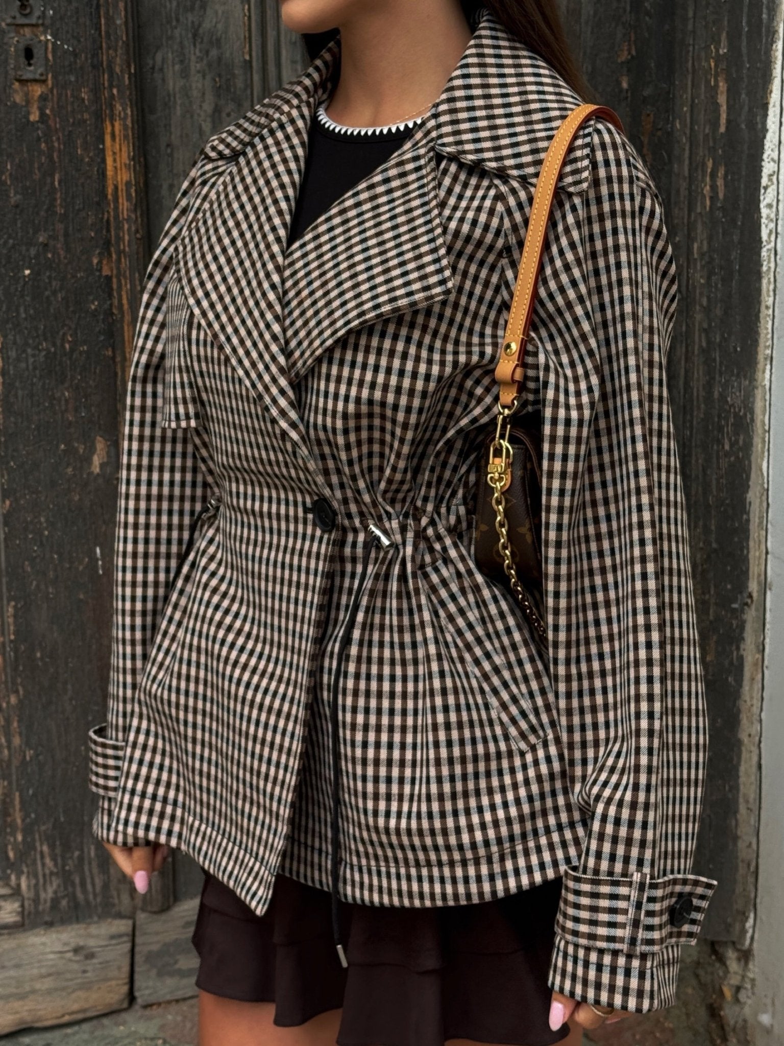 ZEYA Billie Drawstring Gingham Short Trench in Beige