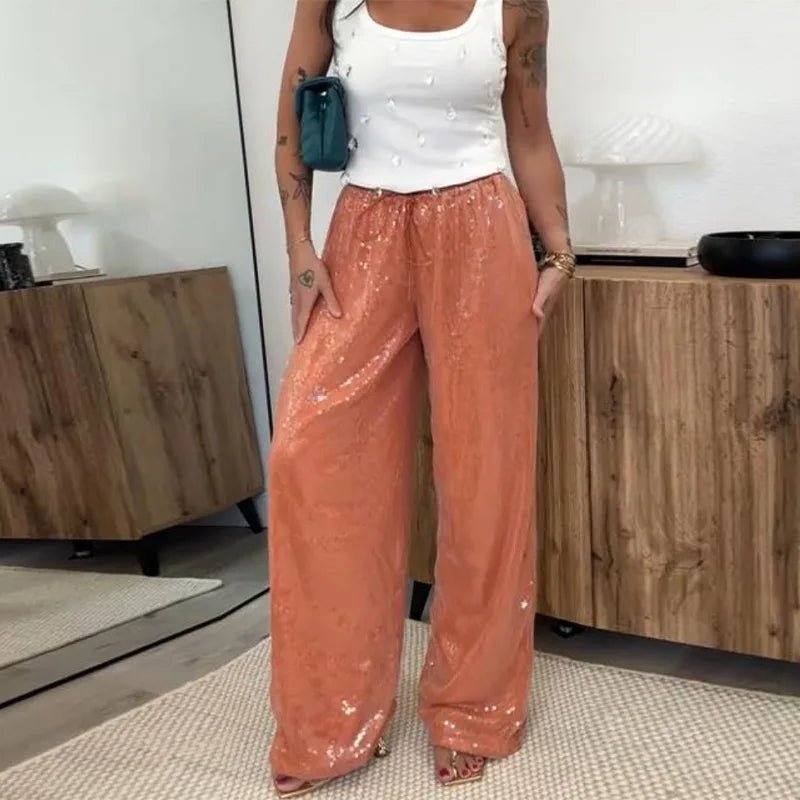 Pantaloni a gamba larga Margot con paillettes