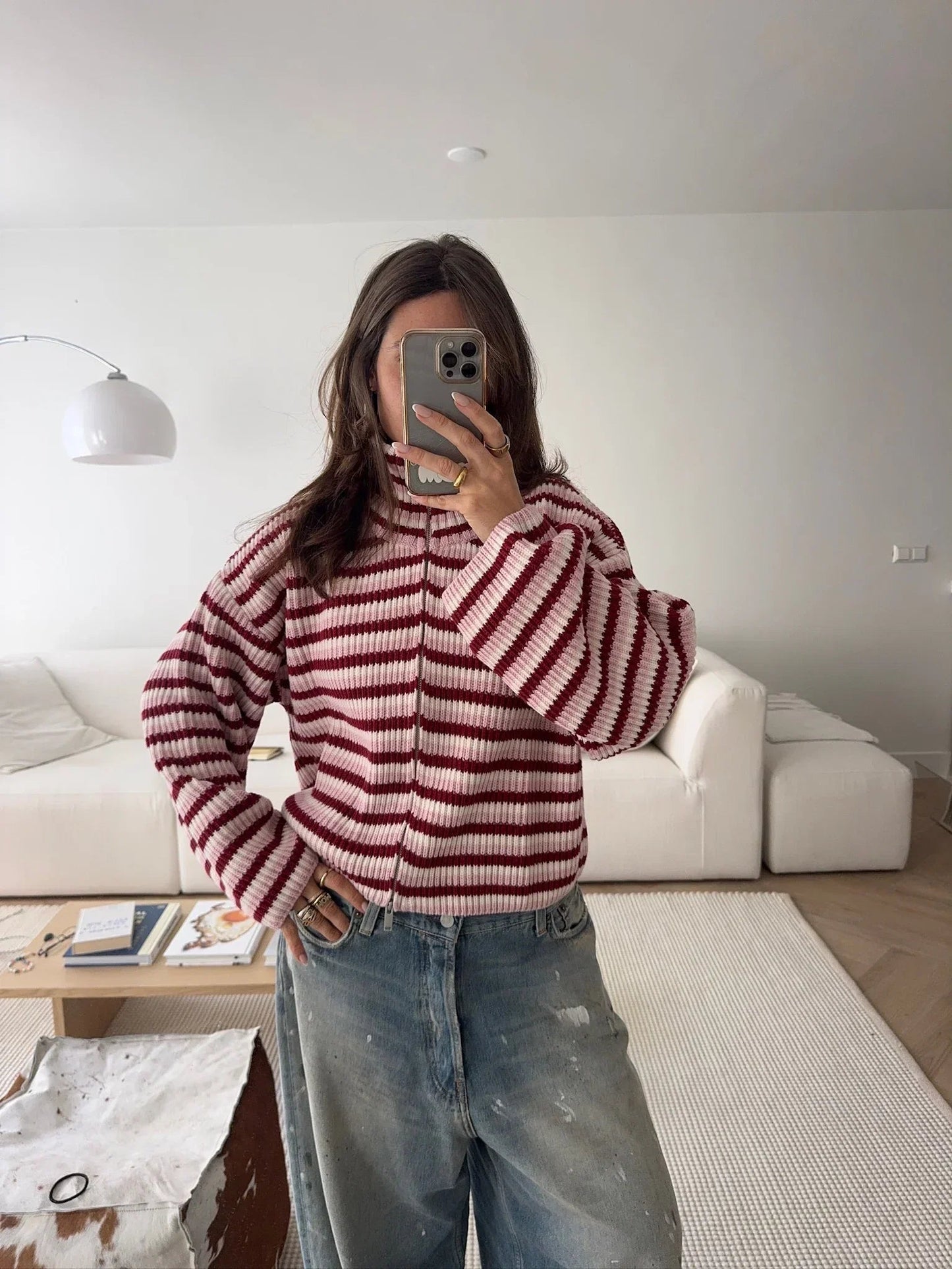Helena Gestreifter Strickpullover mit Reißverschluss