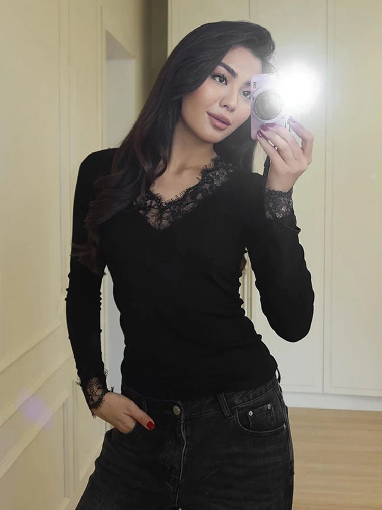 Sarah Spitzen-V-Ausschnitt Freizeit-Top