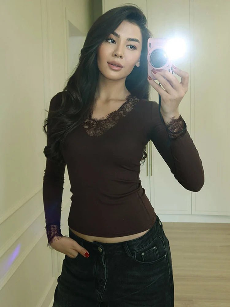 Sarah Spitzen-V-Ausschnitt Freizeit-Top
