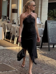 Vestito midi in raso e pizzo con spalline Alice