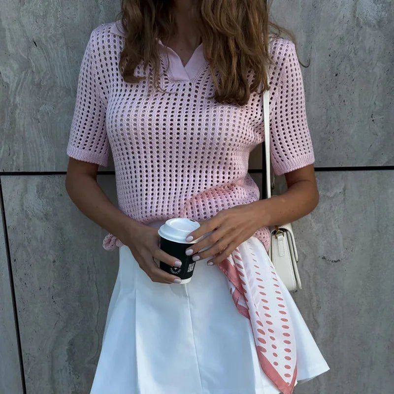 ZEYA - Amber Hollow Out Knit Polo Blouse