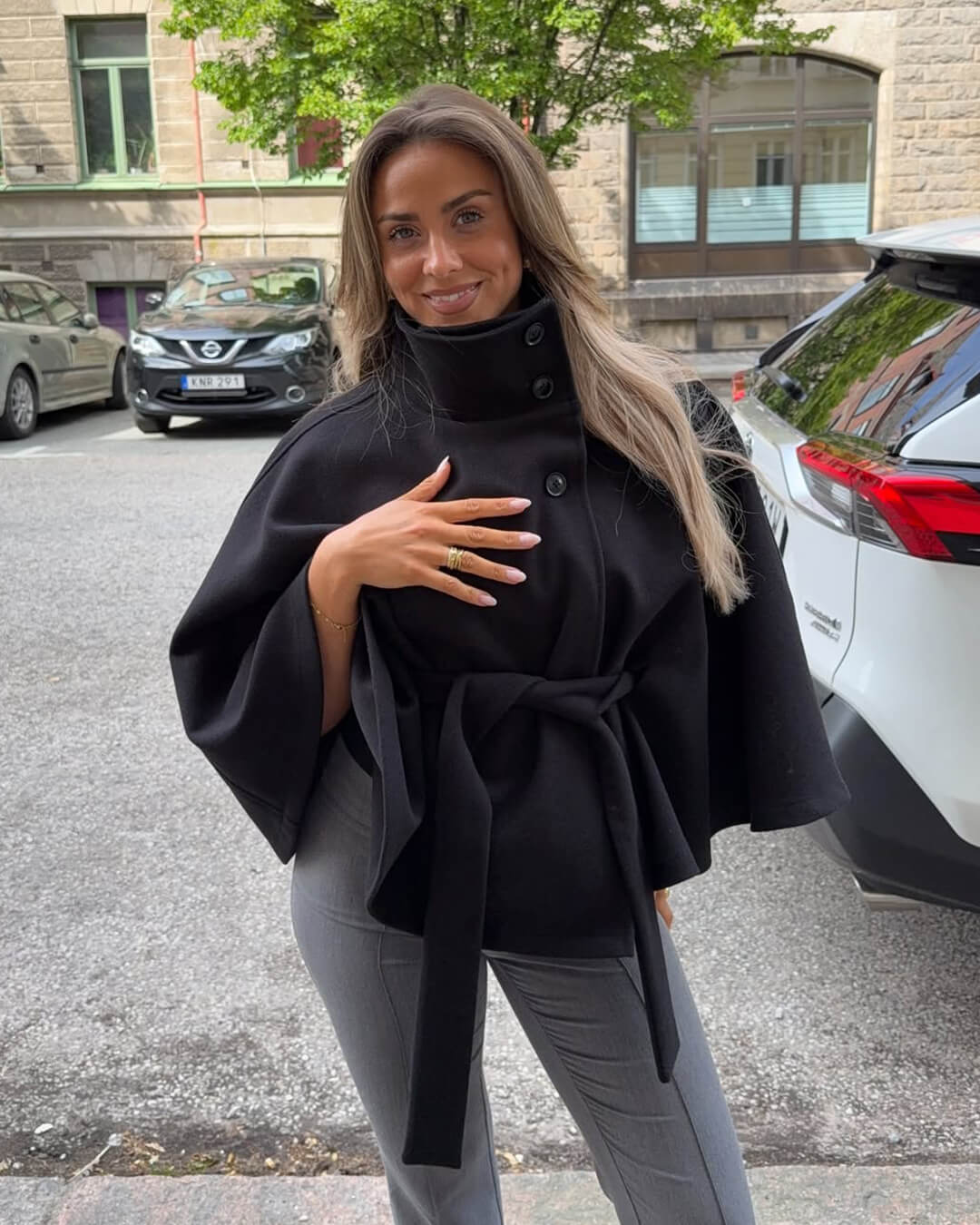 ZEYA - Arianne Elegant High - Neck Belted Cape Jacket