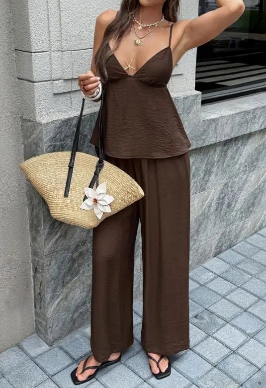 ZEYA - Aurore Deep V-Neck Cami & Wide Leg Pants Set