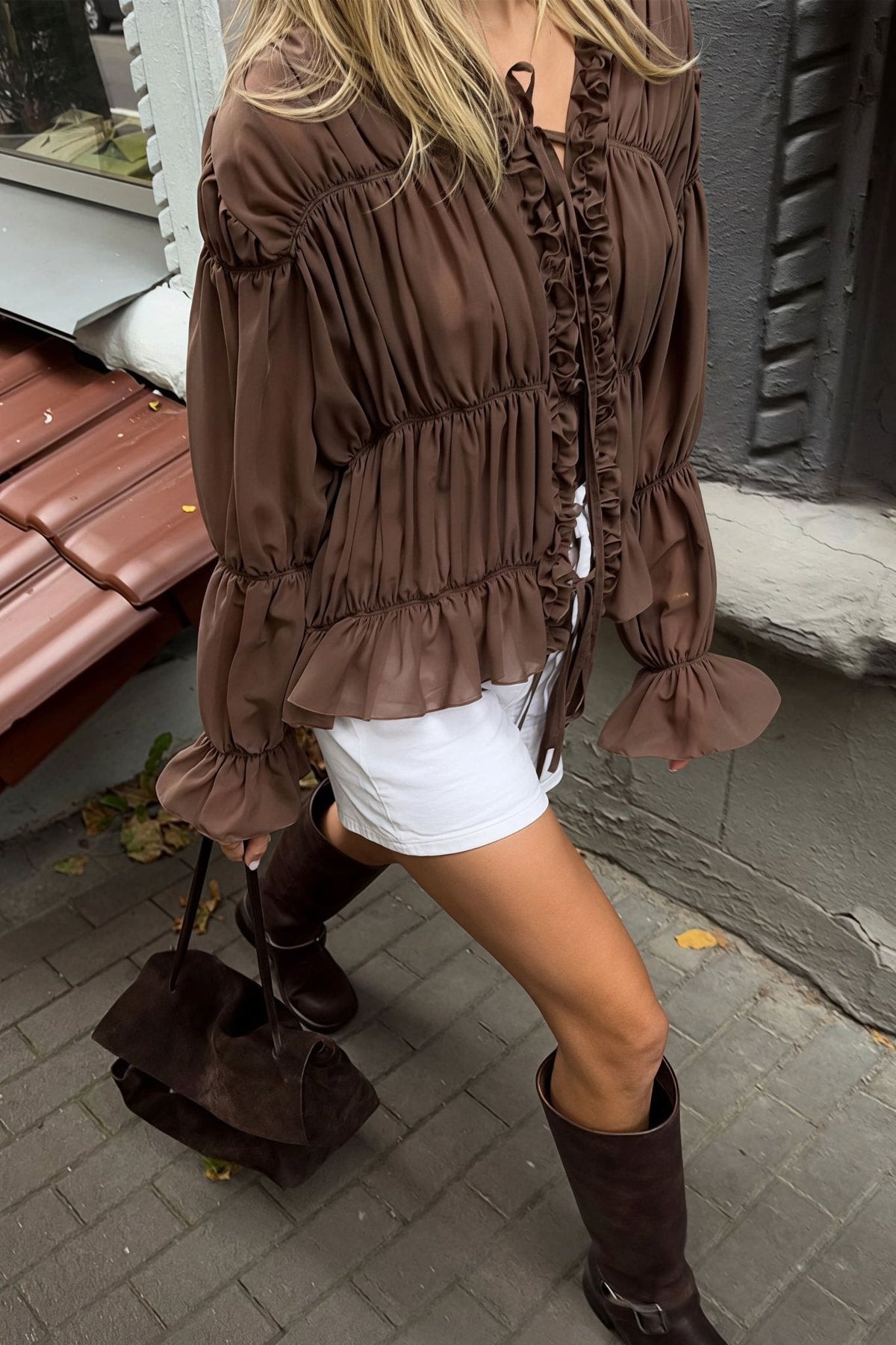 ZEYA - Caitriona Ruched Ruffle Tie Blouse