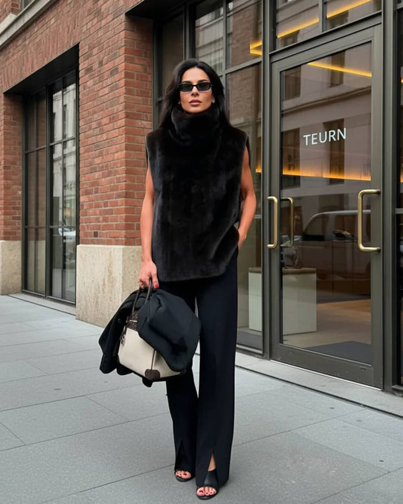 ZEYA Carina Faux Fur Turtleneck Vest in Black