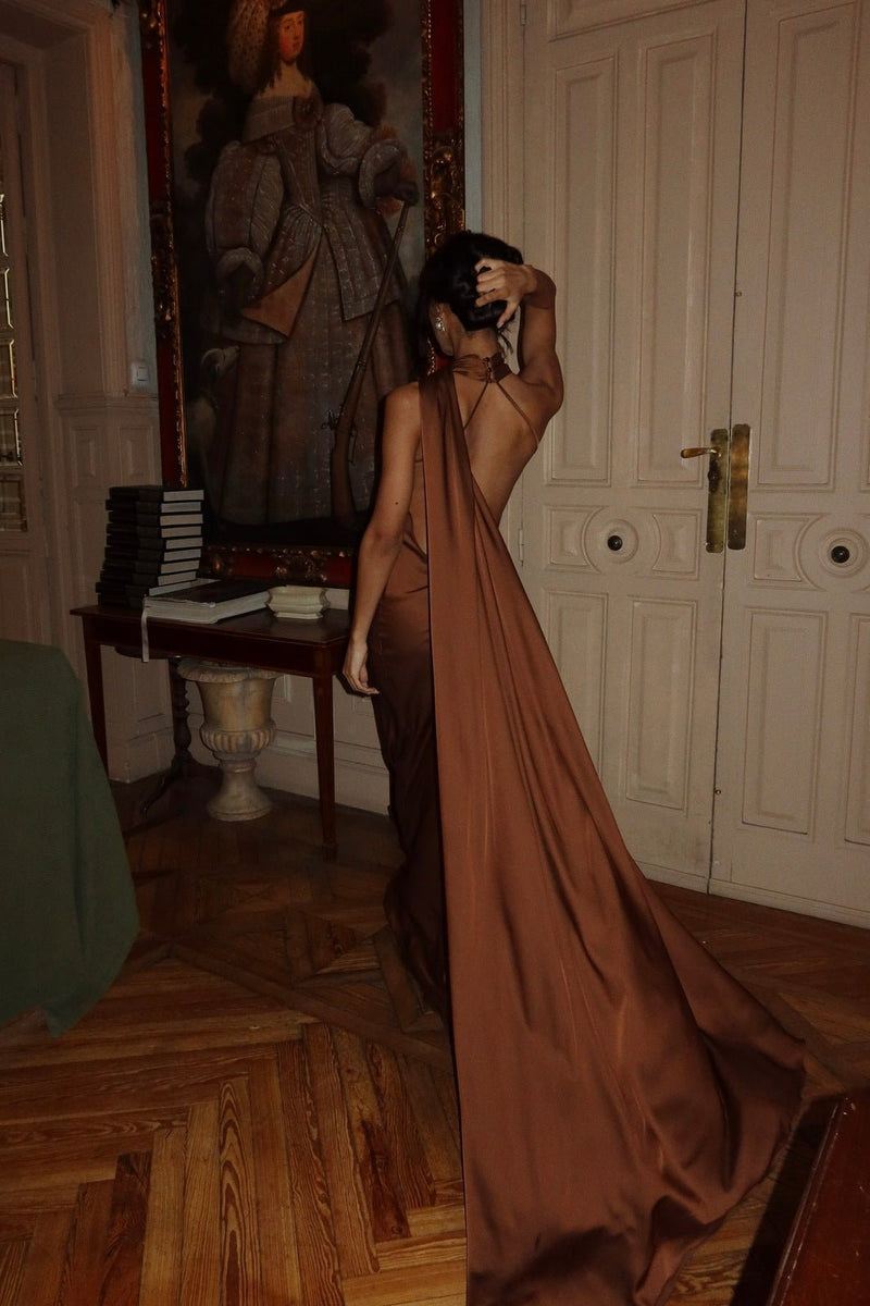 ZEYA - Carla Halter Open Back Cape Maxi Dress