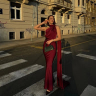 Abito da sera Helen in raso scollo halter schiena scoperta