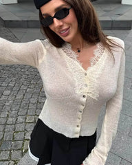 Emma Cardigan Scollo a V con Bordura in Pizzo