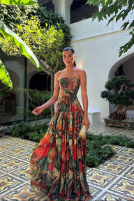 Emmy trägerloses Maxikleid mit abstraktem Muster