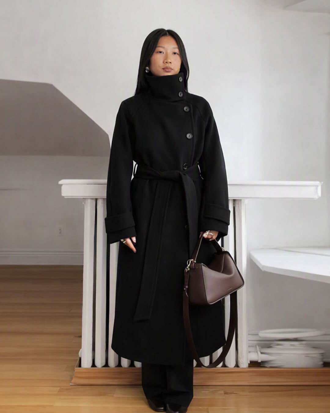 ZEYA - Feline Long Belted High Collar Coat